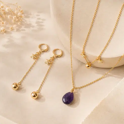 Ensemble collier double et boucles d’oreilles Améthyste