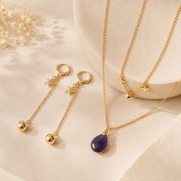 Ensemble collier double et boucles d’oreilles Améthyste