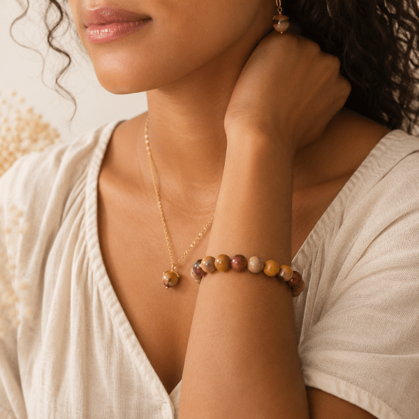 Ensemble bijoux en pierre naturelle de Mokaïte | Collier, bracelet et boucles d’oreilles