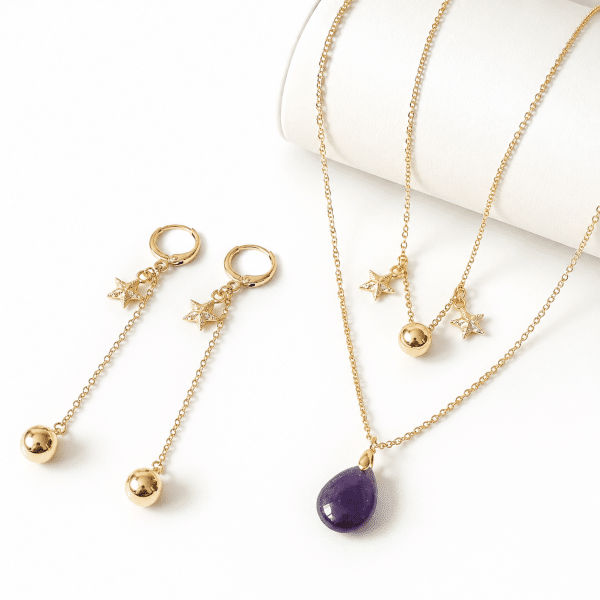 Ensemble collier double et boucles d’oreilles Améthyste