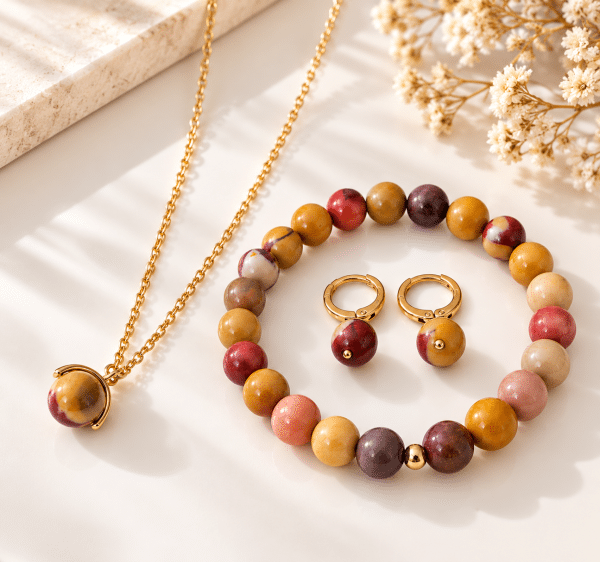 Ensemble bijoux en pierre naturelle de Mokaïte | Collier, bracelet et boucles d’oreilles