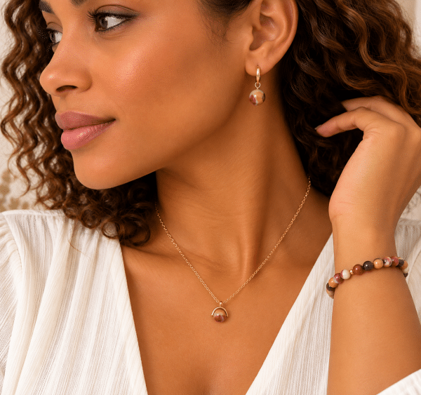 Ensemble bijoux en pierre naturelle de Mokaïte | Collier, bracelet et boucles d’oreilles
