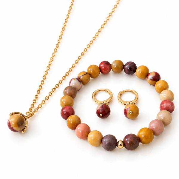 Ensemble bijoux en pierre naturelle de Mokaïte | Collier, bracelet et boucles d’oreilles
