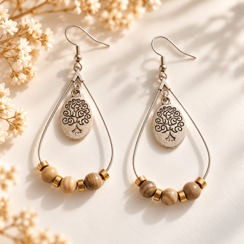 Boucles d’oreilles pendantes en jaspe bois et hématite dorée