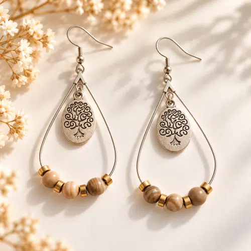 Boucles d’oreilles pendantes en jaspe bois et hématite dorée