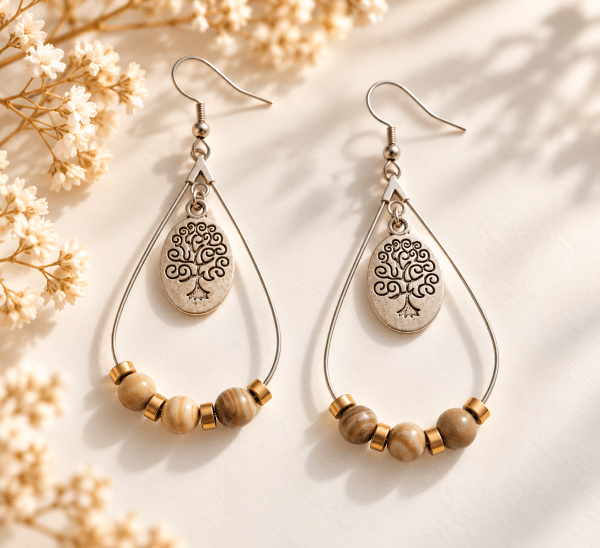 Boucles d’oreilles pendantes en jaspe bois et hématite dorée