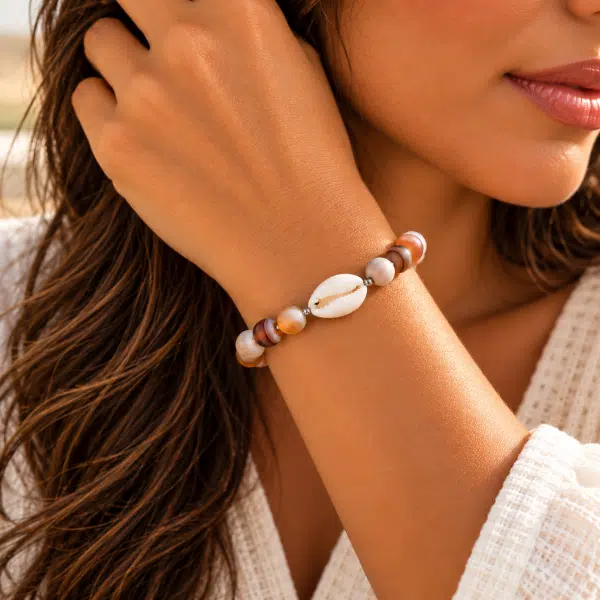 Bracelet mixte en agate du Botswana avec cauri