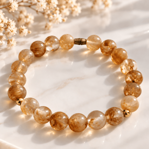 Bracelet extensible en citrine naturelle et perles dorées