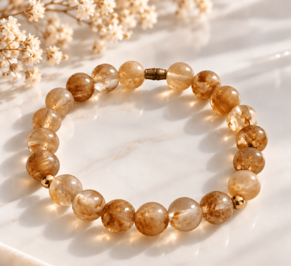 Bracelet extensible en citrine naturelle et perles dorées