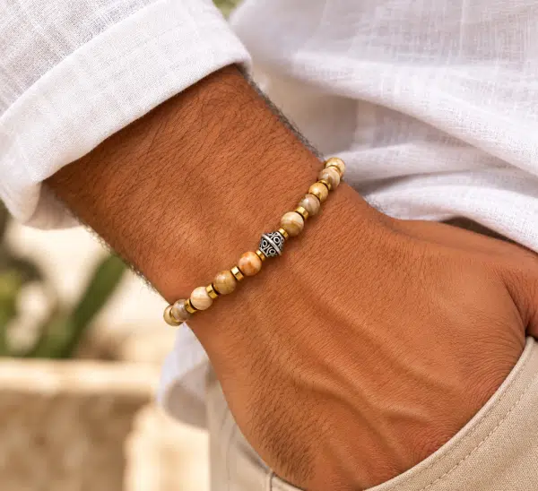 Bracelet mixte en jaspe bois et hématite dorée | Pierres naturelles