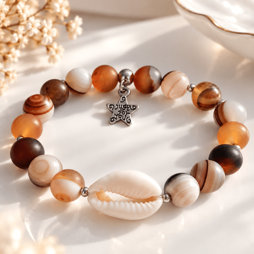 Bracelet mixte en agate du Botswana avec cauri