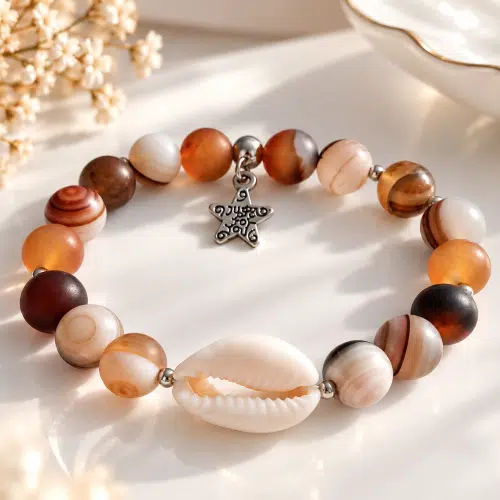 Bracelet mixte en agate du Botswana avec cauri