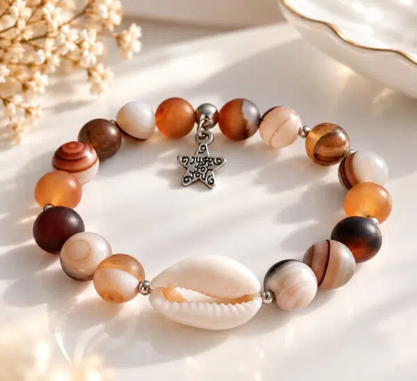 Bracelet mixte en agate du Botswana avec cauri
