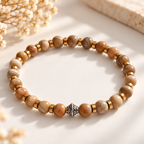 Bracelet mixte en jaspe bois et hématite dorée | Pierres naturelles