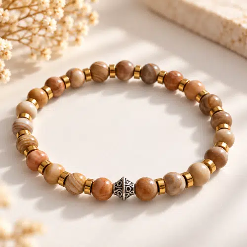 Bracelet mixte en jaspe bois et hématite dorée | Pierres naturelles