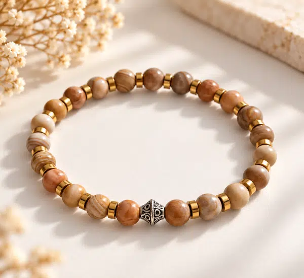 Bracelet mixte en jaspe bois et hématite dorée | Pierres naturelles