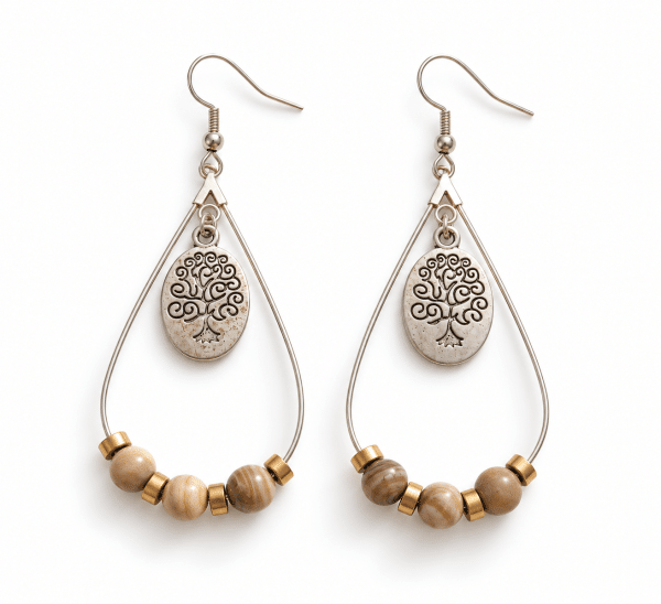 Boucles d’oreilles pendantes en jaspe bois et hématite dorée
