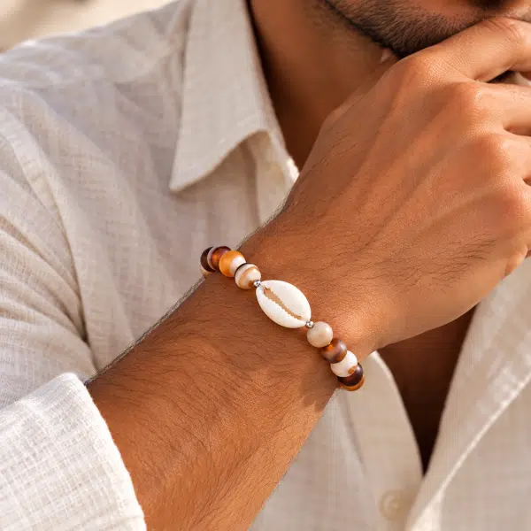 Bracelet mixte en agate du Botswana avec cauri