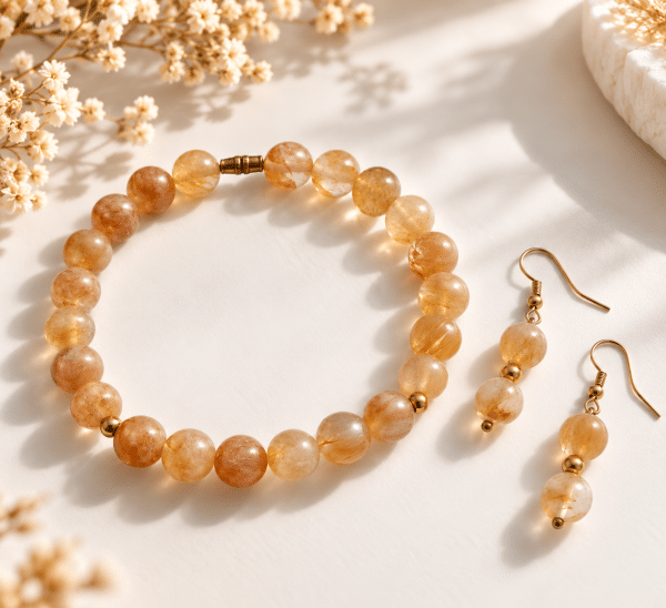 Ensemble bracelet extensible et boucles d’oreilles en citrine naturelle